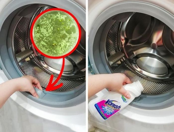 Nấm mốc thường phát triển trên gioăng cao su được gắn ở cửa máy giặt, gây ra mùi hôi. Tất cả những gì bạn cần làm là trộn 1 cốc thuốc tẩy với 4 cốc nước ấm, đổ một ít lên miếng bọt biển hoặc khăn cũ và làm sạch miếng gioăng cao su. Sau đó, cho máy giặt chạy một chu kỳ, cài đặt nước nóng nhất, thêm một số chất tẩy nấm mốc. Khi hoàn tất, hãy để cửa mở để mùi hôi được loại bỏ hết.