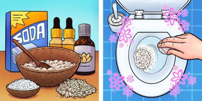 Với mẹo này, bạn chỉ cần tạo một hỗn hợp đẻ cho vào nhà bồn cầu nhằm diệt vi khuẩn và tạo mùi tươi mát cho phòng vệ sinh. Trộn đều 4 thìa nước cốt chanh hoặc giấm, 1/2 chén soda rửa, 1/2 chén muối, 1 thìa xà phòng, 1 thìa chất tẩy rửa và 15 giọt tinh dầu bất kỳ vào bát lớn. Dùng bình xịt, xịt nước lên hỗn hợp cho đến khi nó đủ cứng để tạo thành những quả bóng. Thả chúng vào bồn cầu và để khô trong 6 giờ.