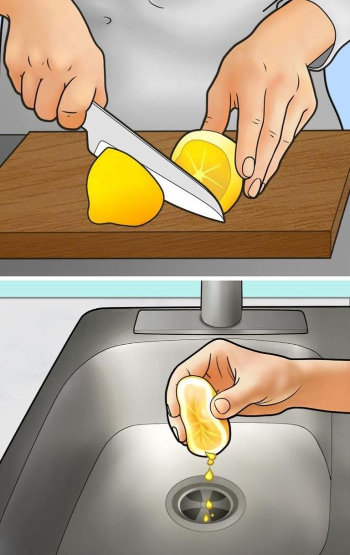 Cắt đôi một quả chanh hoặc quýt, mở nắp lọc rác ở bồn rửa bát và cho từng miếng cam, quýt vào đó. Chúng sẽ giúp làm sạch các vết bẩn của màng lọc và mang lại mùi thơm dễ chịu. 