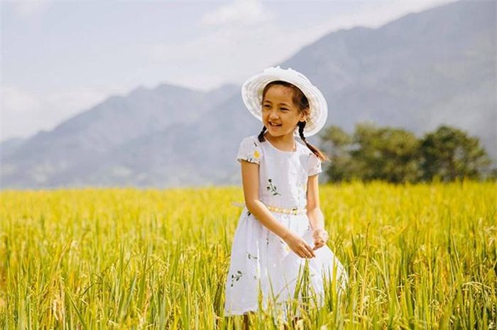 Bé Vivian 5 tuổi thừa hưởng gương mặt giống bố, thần thái duyên dáng, đáng yêu của mẹ. Nhóc tỳ thích thú dạo chơi trên đồng lúa chín.