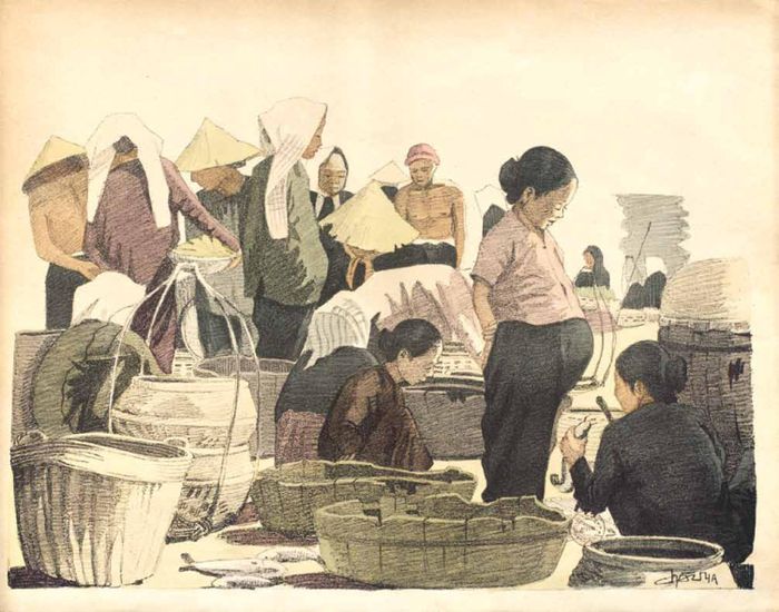  Bức ký họa chợ cá tại Bà Chiểu (thuộc quận Bình Thạnh ngày nay) cho thấy hoạt động bán buôn trao đổi của người Sài Gòn xưa. 