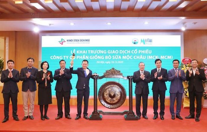 Tổng Giám đốc Công ty Mộc Châu Milk thực hiện nghi thức đánh cồng, chính thức khai trương giao dịch cổ phiếu MCM trên sàn UPCOM. Ảnh: PV