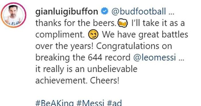 Thủ thành Buffon chúc mừng Messi trên trang cá nhân