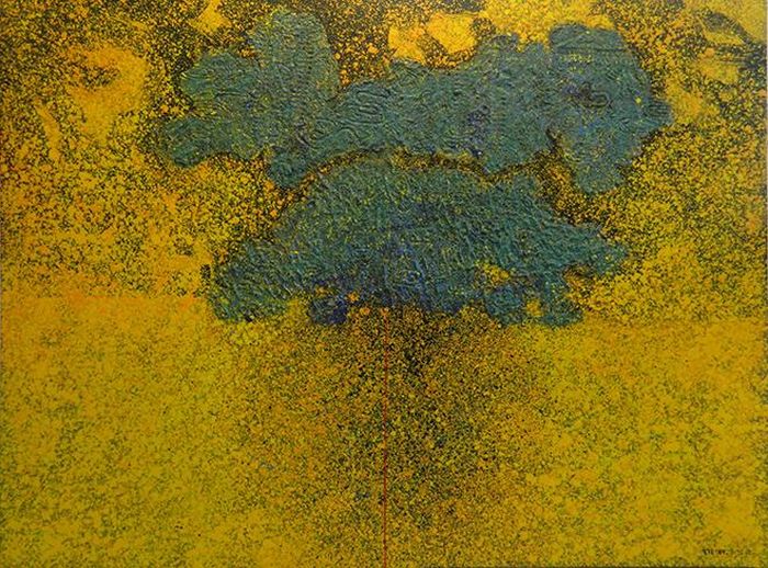 Tác phẩm “Thành phố bay lên”, chất liệu tổng hợp (150 x 200cm) của Trần Vĩnh Thịnh