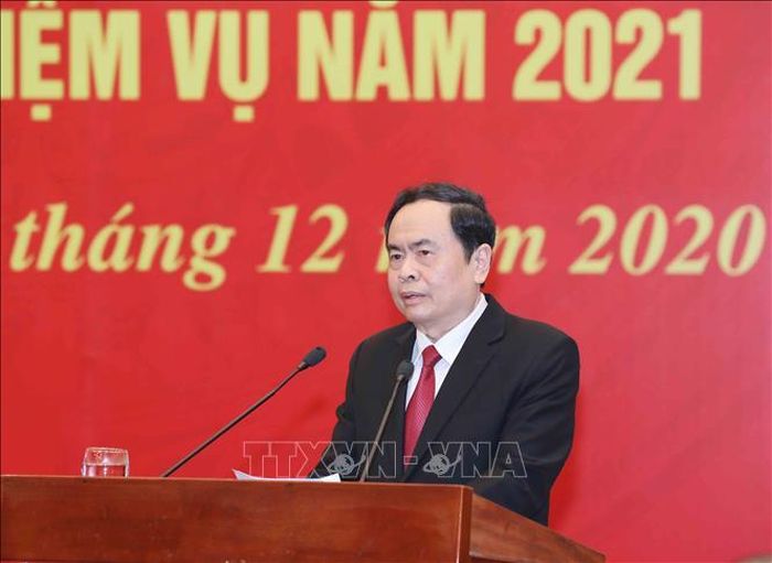 Đồng chí Trần Thanh Mẫn, Bí thư Trung ương Đảng, Chủ tịch Ủy ban Trung ương Mặt trận Tổ quốc Việt Nam phát biểu tại hội nghị. Ảnh: Phương Hoa/TTXVN