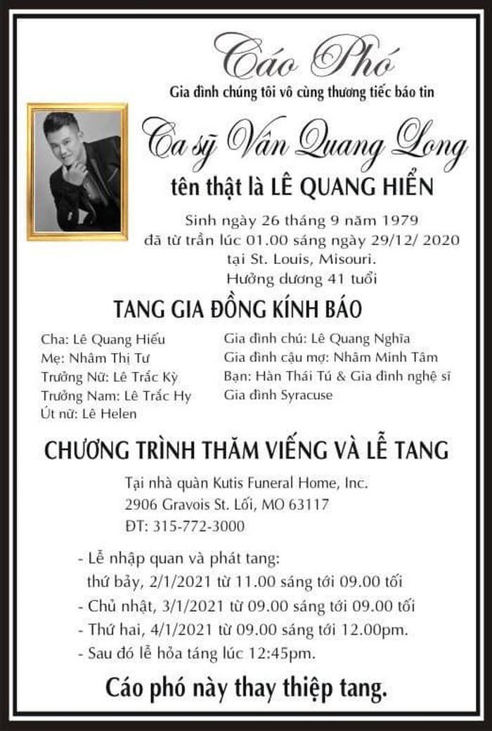 Hàn Thái Tú thông báo lễ tang Vân Quang Long ở Mỹ kéo dài 3 ngày.