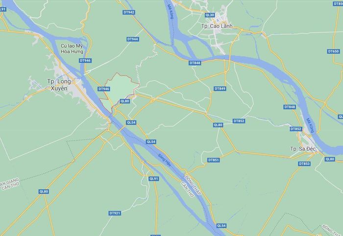  Xã Hòa An (khoanh đỏ) ở huyện Chợ Mới, An Giang. Ảnh: Google Maps. 