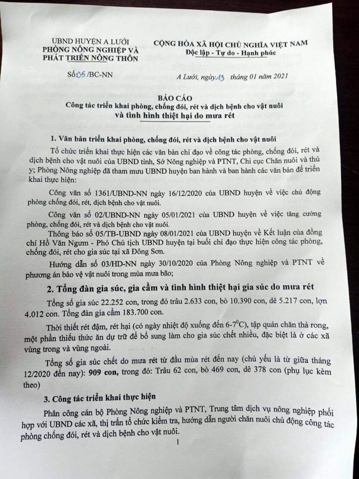 Công văn báo cáo của Phòng NN-PTNT huyện A Lưới