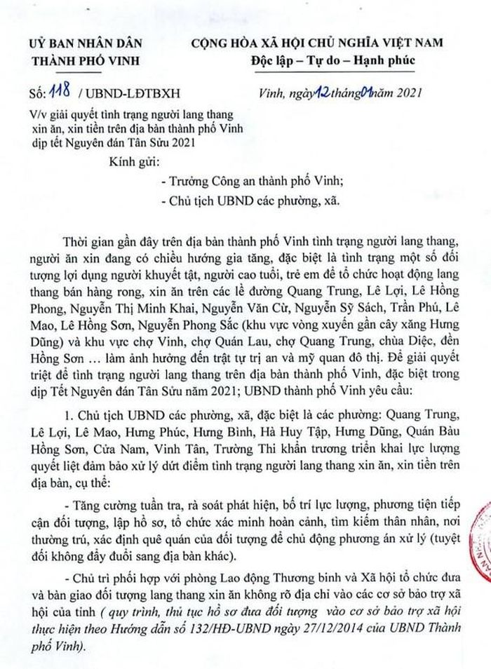 Công văn của UBND thành phố Vinh.