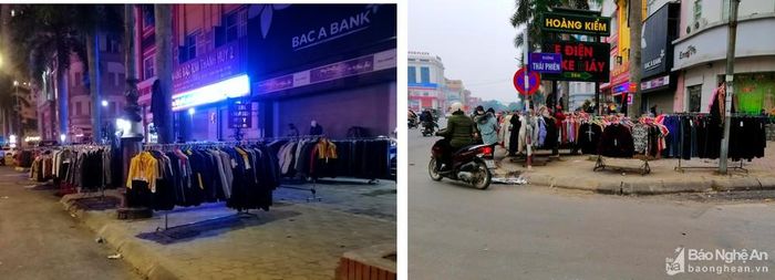 Tại đường Thái Phiên, ngay cạnh siêu thị Big C, trong tối 16/1 và sáng 17/1, các tiểu thương ngang nhiên mang quần áo bày bán kín trên vỉa hè. Đây là điểm nóng về tình trạng chiếm dụng vỉa hè làm nơi kinh doanh, buôn bán, tuy nhiên, không được xử lý triệt để. Ảnh: Nguyên Châu