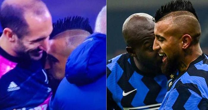 Vidal dành nụ hôn vào đúng vị trí logo của Juventus trên ngực áo của Chiellini