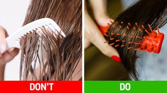 Chải tóc khi còn ướt. Chải tóc khi còn ướt là một trong những thói quen gây rụng tóc, hói đầu. Nếu thấy phần rối sau khi gội, chỉ nên dùng chiếc lược răng thưa để gỡ nhẹ nhàng rồi đợi khô mới chải toàn bộ.