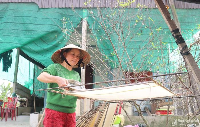Khi tráng giấy dó, hỗn hợp vỏ cây niệt được múc đổ lên khuôn làm bằng vải màn. Người thợ tráng giấy sẽ cầm khuôn lắc qua, lắc lại cho hỗn hợp dàn đều trên khuôn. Nước lã và nhựa cây bìm bìm sẽ chảy xuống phía dưới khuôn. Sau khi tráng hỗn hợp, các khuôn được đưa ra phơi nắng. Bà Vương Thị Loan (55 tuổi) - một phụ nữ có kinh nghiệm lâu năm trong nghề làm giấy dó ở xóm 3, xã Nghi Phong cho biết: Trước đây làng có hơn trăm hộ làm nghề, nay chỉ còn 5 hộ giữ nghề. Nghề làm giấy dó tuy không nặng nhọc nhưng lắm công đoạn, người làm phải chịu khó, yêu nghề mới duy trì được. Ảnh: Huy Thư