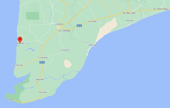  Cửa biển Sông Đốc (chấm đỏ) thuộc tỉnh Cà Mau. Ảnh: Google Maps. 