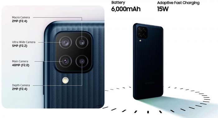 Mặt lưng của Galaxy M12 nổi bật với cụm camera hình vuông