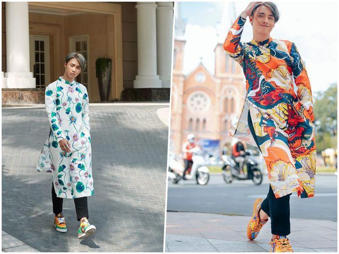 Hải Đăng phối áo dài với giày thể thao và quần âu năng động, trẻ trung, phù hợp với cá tính của mình.