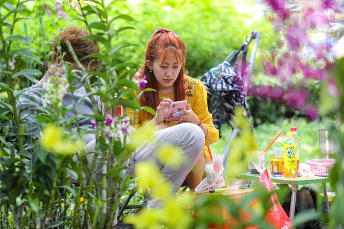  Không có khách hỏi mua nên nhiều tiểu thương tại chợ hoa này chủ yếu lướt điện thoại để giết thời gian. "Năm này doanh thu không bằng một nửa của năm ngoái, nhưng tôi cũng không lo lắng vì hoa lan sống rất lâu, có thể năm sau lại ra bán tiếp, chỉ lỗ tiền công, thuê bãi và vận chuyển", chị Phúc Thuyền (29 tuổi, Tây Ninh) cho biết. 