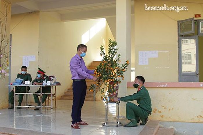 Chiến sỹ và công dân trang trí cây quất đón Tết Tân sửu.