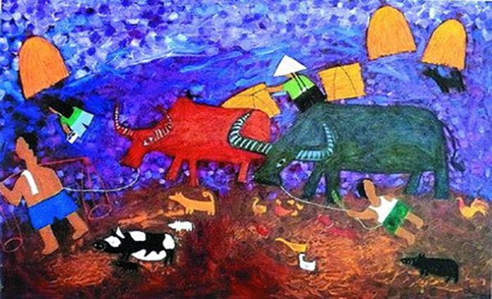 Nông thôn - tranh bột màu Quách Đông Phương