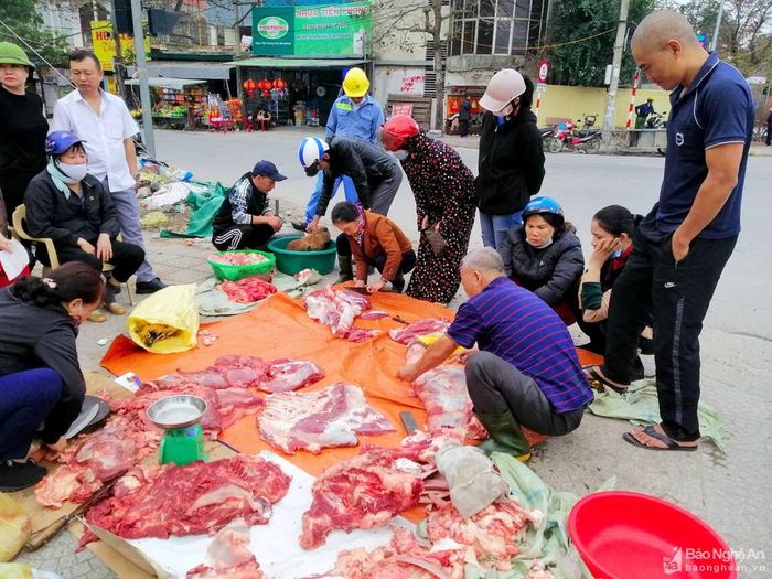 Không chỉ lợn, mà trâu, bò người ta cũng chung đụng mổ thịt, con càng to thì số hộ chung đụng càng nhiều. Tuy nhiên, phổ biến mỗi hộ nộp vào 1 - 2 triệu đồng, và mang về nhà được 5 - 10 kg thịt để ăn Tết. Ảnh: Xuân Hoàng
