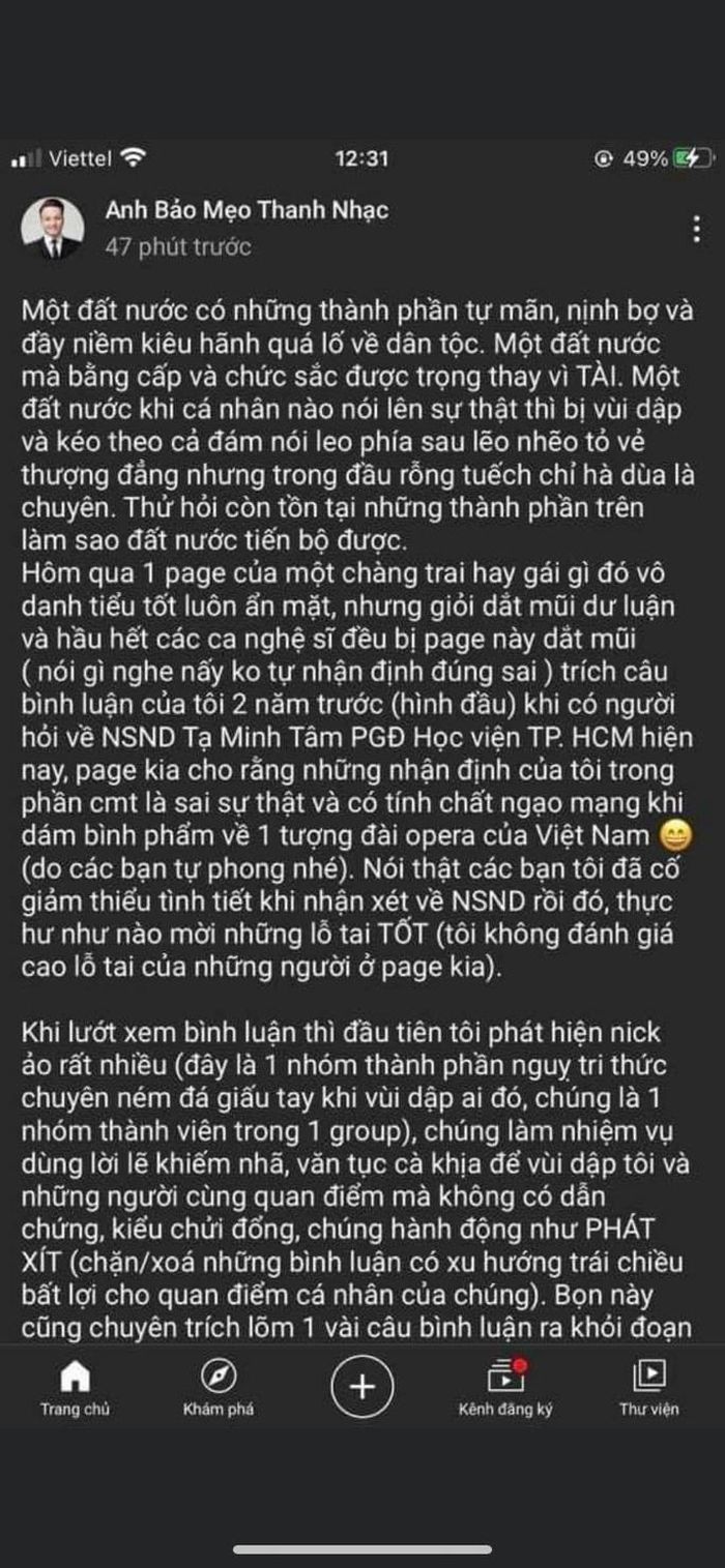 Chủ kênh YouTube khẳng định việc nói NSND Tạ Minh Tâm hát kém, phô đã là nói giảm