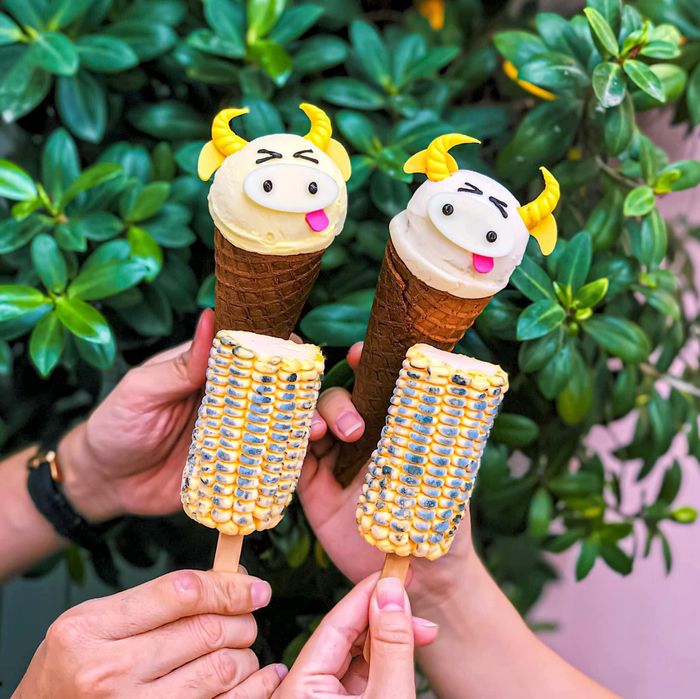  Rose Gelato là dòng kem hút khách nhất tại đây. Khách có cơ hội chọn các vị như bạc hà, phúc bồn tử, dâu, chocolate... để nhân viên tạo hình kem thành đóa hoa hồng đá. Dịp Tết Nguyên đán, tiệm còn ra mắt kiểu kem hình trâu vàng bắt mắt. Món tráng miệng này có vị sữa chua xoài nên thanh dịu, không gây ngán. Ngoài ra, bạn cũng có thể thưởng thức kem hình bắp phô mai nướng, nàng tiên cá hay kỳ lân độc đáo với giá từ 55.000 đồng. Ảnh: Roseicesaigon. 
