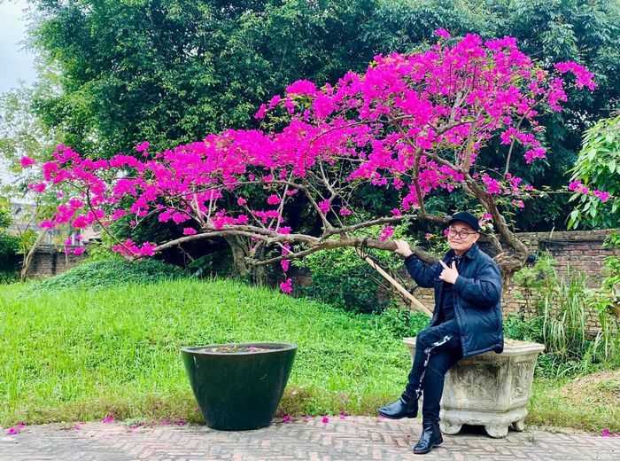 Nghệ sĩ Xuân Hinh đầu năm mới đăng bức mình bên hoa giấy kèm lời bình: ''Hoa nhà mình, dáng gì nhỉ?''.