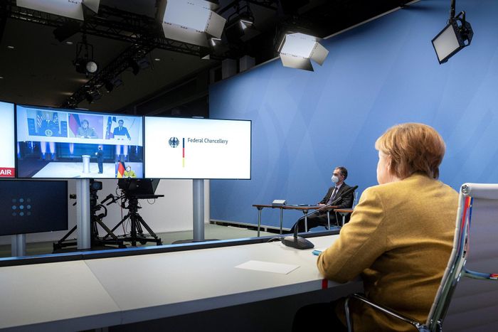  Thủ tướng Đức Angela Merkel trong hội nghị trực tuyến. Ảnh: Reuters. 