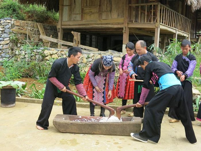 Bà con dân tộc Mông ở Hang Kia giã bánh dày