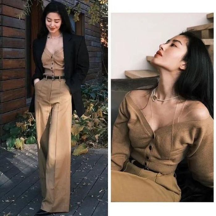  Nếu ưa thích phong cách cá tính, các cô gái có thể phối kiểu áo trễ vai với quần da theo xu hướng ton-sur-ton như Tiffany. Quần dáng suông cùng tông kèm áo blazer cũng là lựa chọn thông minh. Ảnh: @tiffanyyoungofficial, Pinterest. 