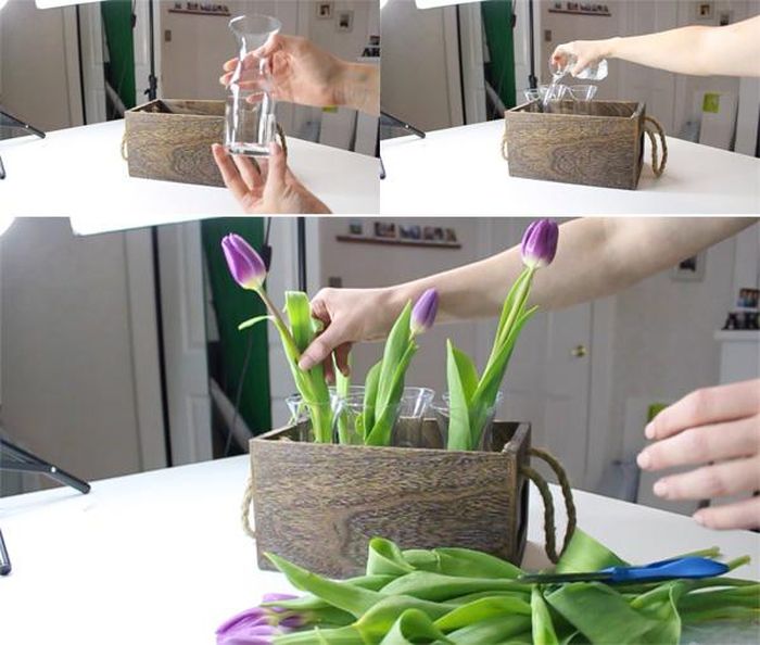 Bạn đặt 6 chiếc lọ thủy tinh vào trong khay gỗ, đổ nước ngập ½ chiếc lọ. Cắt các cành hoa tulip cắm vào trong lọ, mỗi lọ từ 1-2 cành, chiều cao của cành hoa tulip bằng hoặc cao hơn chiều cao của khay gỗ.