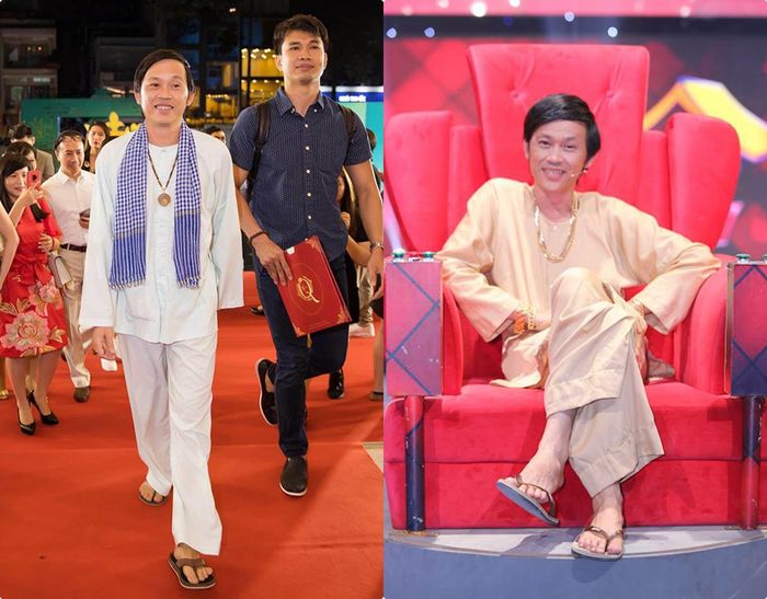 Combo áo bà ba và dép tông của nam danh hài số 1 Vbiz còn xuất hiện tại các sự kiện lớn và cả khi ngồi trên ghế nóng. Người ta chẳng thấy phản cảm hay lạc quẻ gì mà chỉ thấy cảm giác dung dị tràn về.