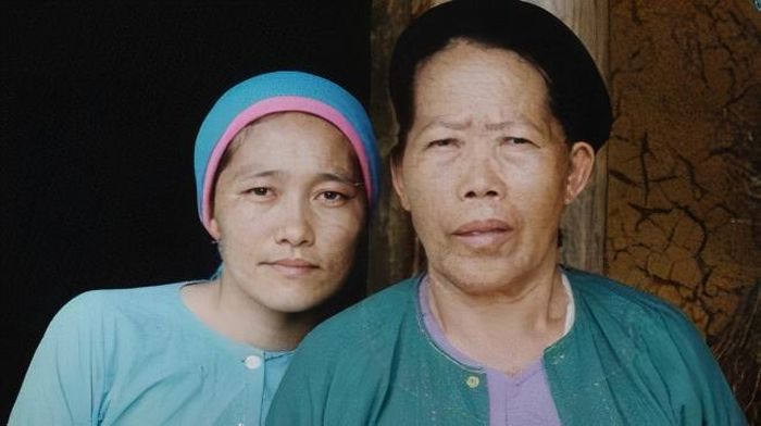 Giàng Thị Thương (trái) và bà Mua Thị May là hai nguyên mẫu nhân vật May và mẹ Già trong “Tiếng đàn môi sau bờ rào đá” của nhà văn Đỗ Bích Thúy. Ảnh: NVCC