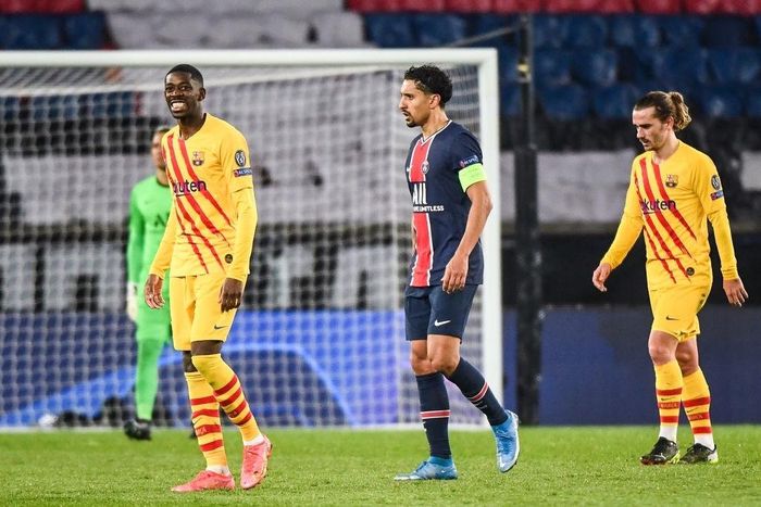 Ousmane Dembele đá bay hy vọng ngược dòng của Barca trước PSG. Ảnh: Getty.