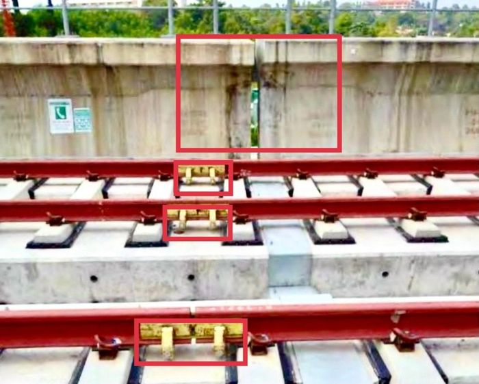  Mối nối trên 4 ray có vị trí trùng (quá gần) với mối nối nhịp dầm. Ảnh: Thư Trần. 