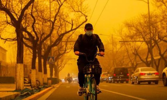 Một người lái xe đạp di chuyển trong bầu không khí đầy bụi cát - Ảnh: Reuters