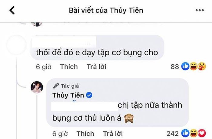 Khi có người rủ rê tập luyện, nữ ca sĩ hài hước trả lời nếu tập nữa thì cô sẽ trở thành “bụng cơ thủ”.
