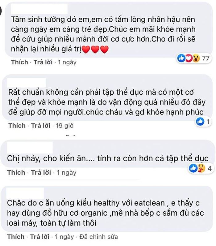 Vì Thủy Tiên cho biết mình không tập tành mà vẫn có cơ bụng nên cộng đồng mạng đã tích cực suy đoán, giúp người đẹp giải đáp thắc mắc cơ bụng từ đâu ra. Có ý kiến cho rằng Thủy Tiên ăn ít, cũng có người nghĩ là do “tâm sinh tướng” hoặc do Thủy Tiên vốn vận động nhiều.