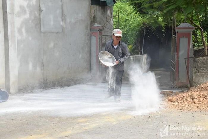 Người dân xã Thanh Phong (Thanh Chương) rắc vôi bột trước cổng nhà, phòng dịch tả lợn châu Phi. Ảnh: Xuân Hoàng
