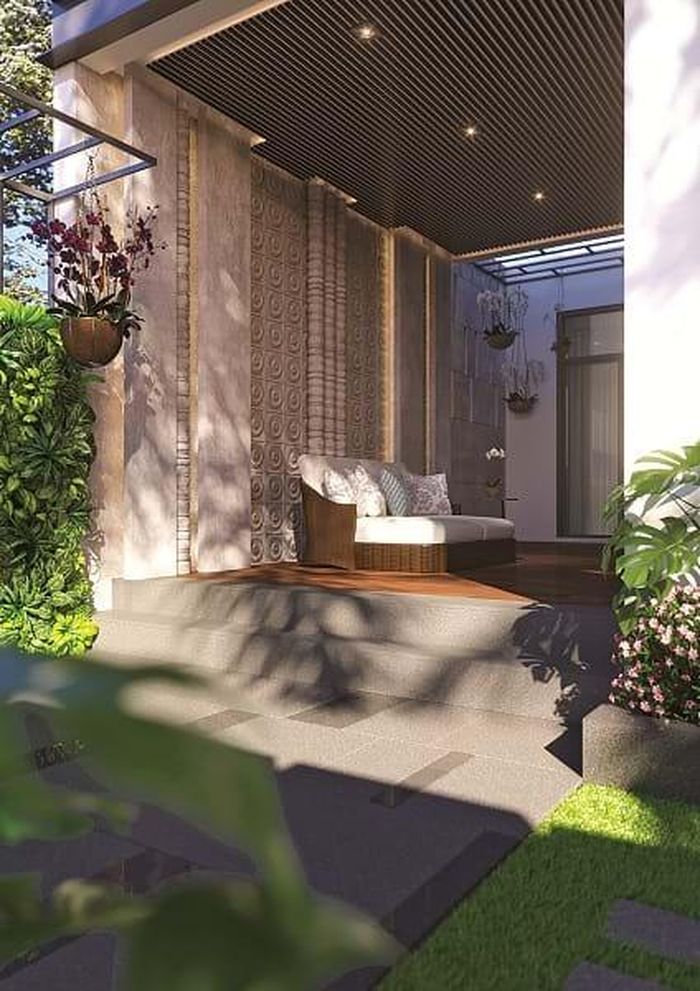 Sự chăm chút của công trình được thể hiện trong việc sử dụng và chuyển tiếp giữa vật liệu gỗ và đá tự nhiên.