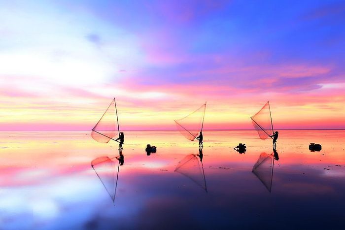 Trước ánh bình minh rực rỡ, hình ảnh những người ngư dân lao động đẹp như một bức tranh
