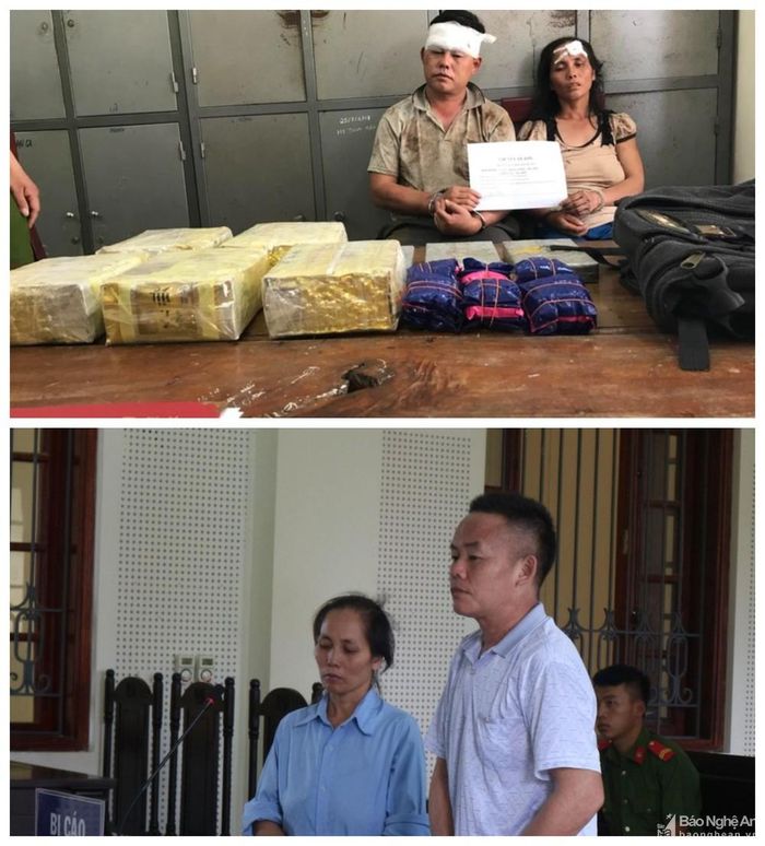 Hai vơ chồng Lầu Giống Lồng, Hờ Y Cở khi bị bắt cùng tang vật và tại tòa. Ảnh: Bảo Nguyên- Trần Vũ