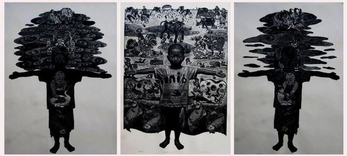 Tác phẩm “Công trình cho con” (khắc gỗ, 70cm x 100cm x 3 tấm, 2017) của Nguyễn Khắc Hân