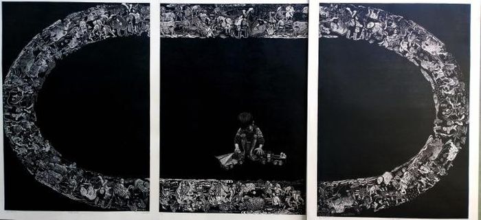Tác phẩm “Một mình 1” (khắc gỗ, 70cm x 100cm x 3 tấm, 2019) của Nguyễn Khắc Hân