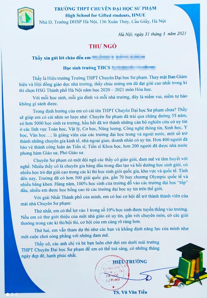 Thư ngỏ từ từ hiệu trưởng trường THPT chuyên ĐH Sư phạm. Ảnh: N.H.T.