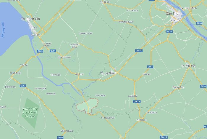 Xã Vĩnh Tuy (khoanh đỏ) thuộc huyện Gò Quao, tỉnh Kiên Giang. Ảnh: Google Maps.