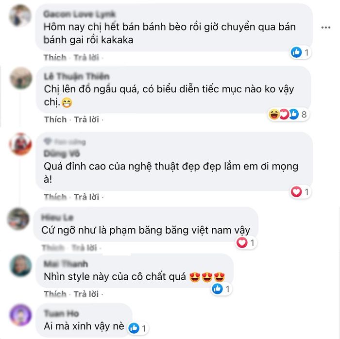 Bên dưới phần bình luận, Lý Nhã Kỳ nhận về cả "cơn mưa lời khen" đến từ người hâm mộ. Phần đông các ý kiến đều cho rằng style cá tính phù hợp với mỹ nhân 8X không thua gì các bộ váy bánh bèo lộng lẫy khác. Thậm chí, dân tình còn gọi mỹ nhân gốc Vũng Tàu là "Phạm Băng Băng Việt Nam".