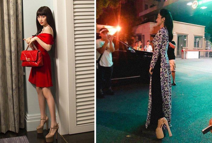 Giày cao gót siêu cao chính là một trong số đó. Nữ ca sĩ luôn cố chọn giày màu nude để "lấp liếm" đi phần đế khủng nhưng ở nhiều góc chụp, đôi giày vẫn trông quá khổ so với cô nàng. Riêng khoản này thì nhiều chị em lại xin thua, không thể copy được thần tượng.