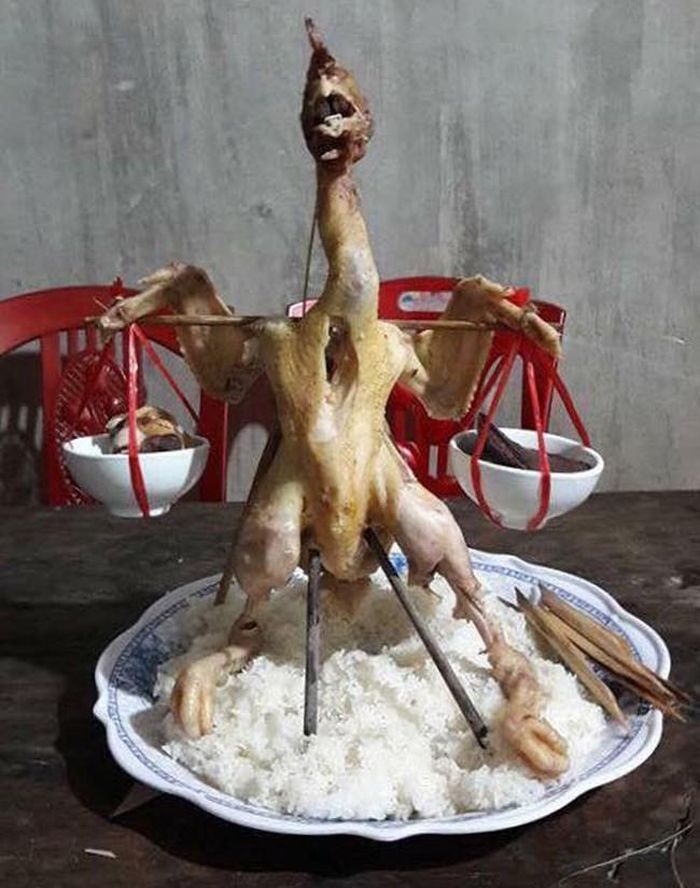 Chú gà cúng có vẻ quá mệt mỏi vì phải gánh vác trên vai cả gánh đồ.