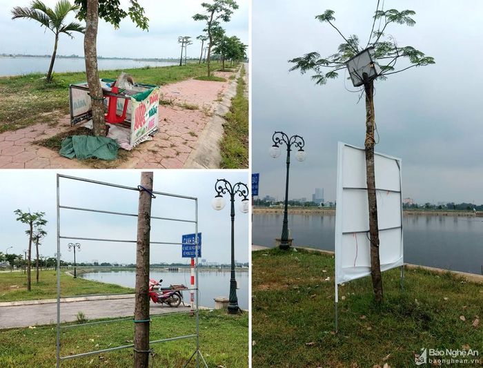 Những đồ vật của các hàng quán dã chiến khóa cùng cây xanh. Ảnh: Nhật Lân